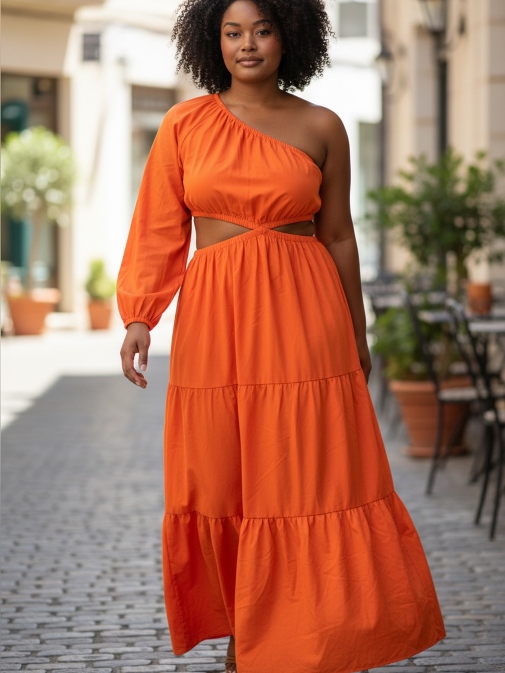 Asymmetric One-Shoulder Orange Cutout Dress